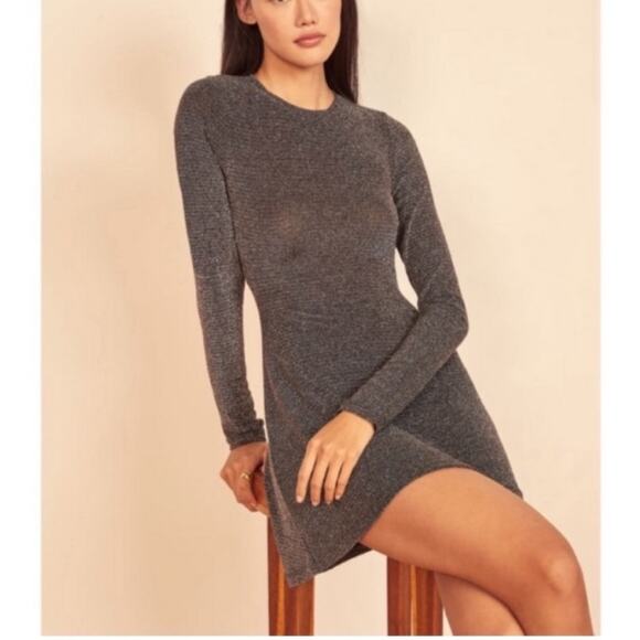 Reformation Women’s Riley Long Sleeve Metallic Silver Black Glitter Mini Dress M - Picture 10 of 16